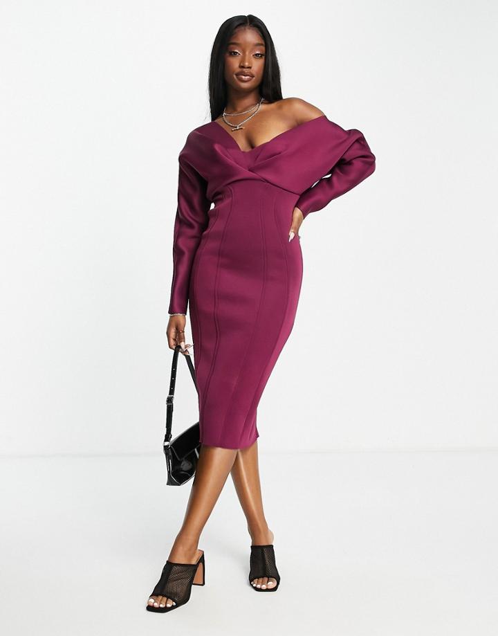 Asos Design Fallen Shoulder Super Seamed Pencil Skirt Midi Dress In Berry-multi