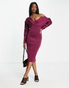 Asos Design Fallen Shoulder Super Seamed Pencil Skirt Midi Dress In Berry-multi