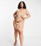 I Saw It First Plus Ruched Front Dress With Waist Tie In Camel-neutral