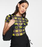 Collusion Gingham Floral Mesh Top In Navy & Lime
