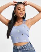 Missguided Knitted Cami With Floral Embroidery In Blue-blues