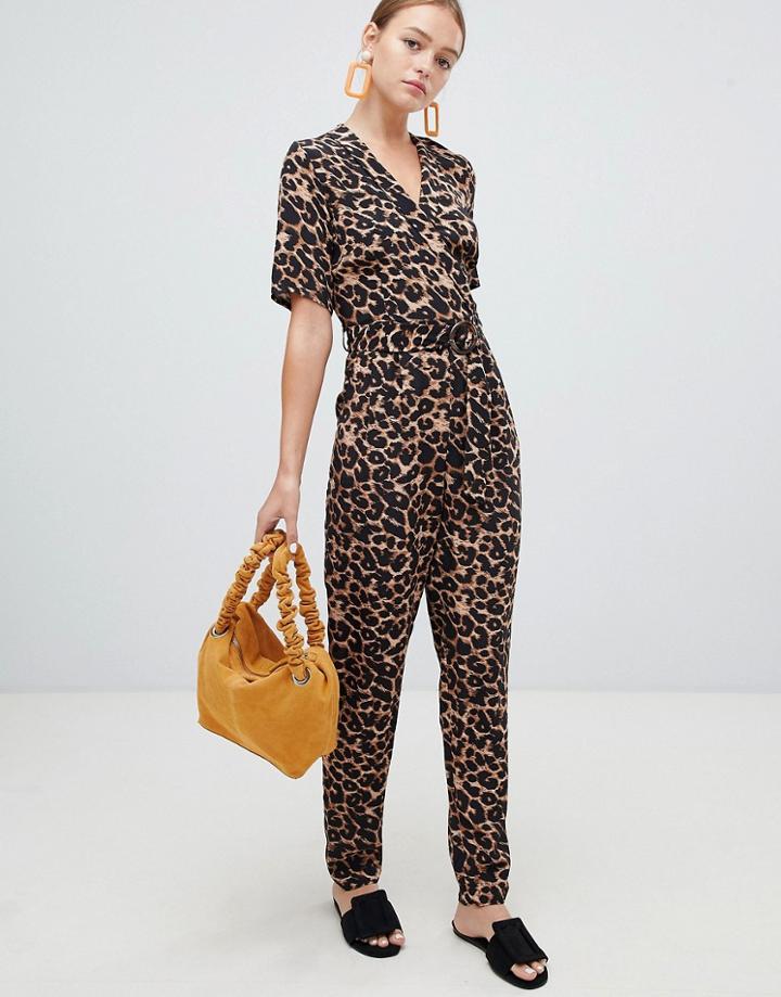 New Look Leopard Wrap Jumpsuit - Brown