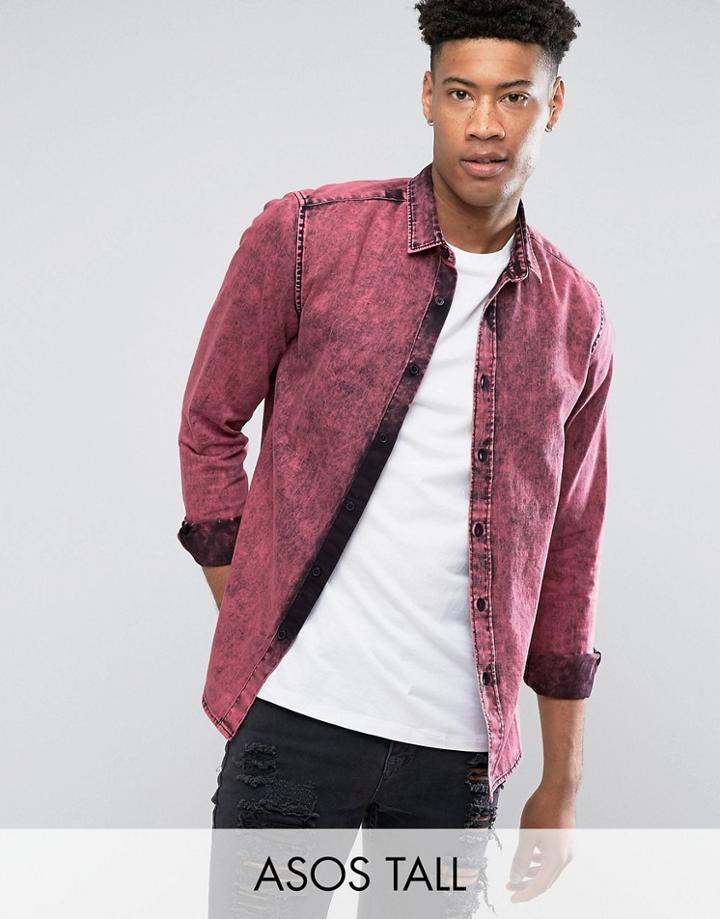 Asos Tall Regular Fit Denim Shirt With Acid Wash In Pink - Purple