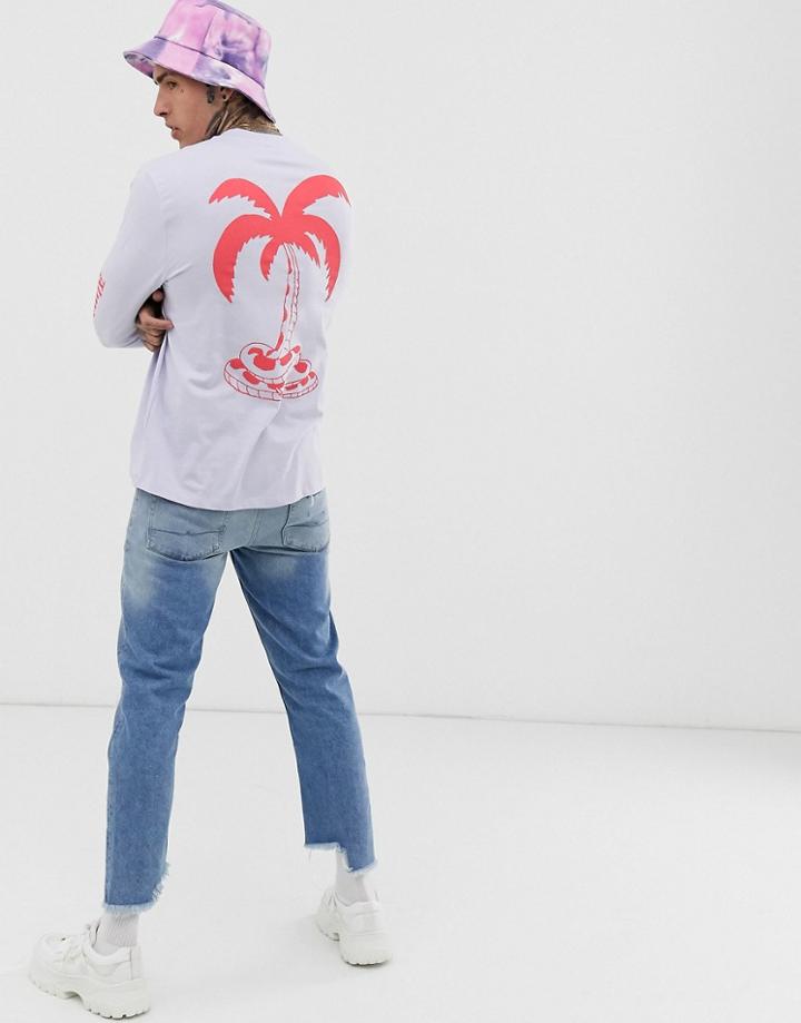 Asos Design Organic Cotton Relaxed Long Sleeve T-shirt With Palm Tree Back And Sleeve Print - Purple