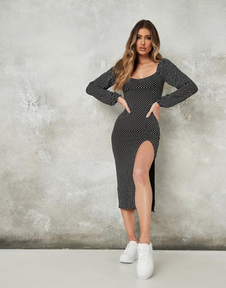 Missguided Milkmaid Slit Midaxi Dress In Polka Dot-black