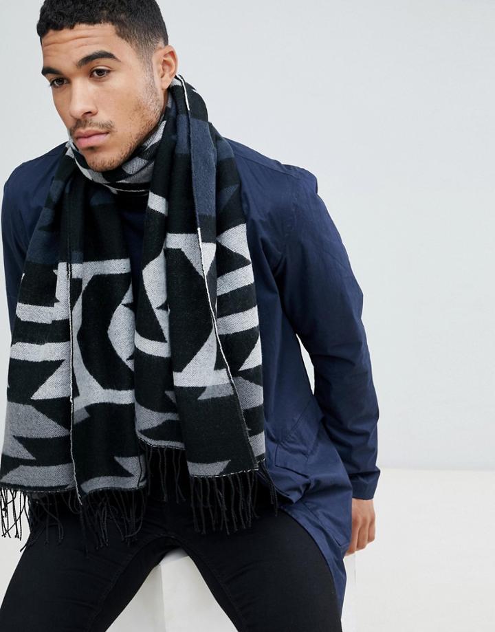 Asos Design Blanket Scarf In Navy Geo-tribal Print - Navy