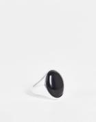 Asos Design Oval Signet Ring With Black Jewel In Silver Tone