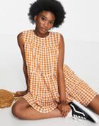 Asos Design Tiered Broderie Smock Romper In Orange Gingham-multi