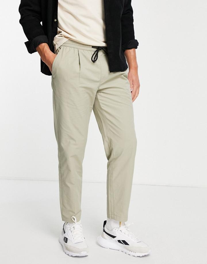 Topman Tapered Pants With Elasticated Waist In Light Khaki-green