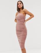 Club L London One Shoulder Ruched Midi Dress In Mocha - Brown
