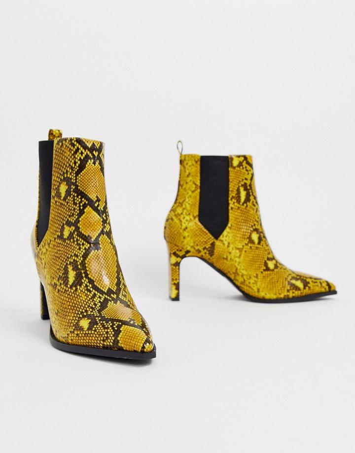 Asos Design Romeo Pointed Heeled Boots In Yellow Snake - Yellow