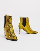 Asos Design Romeo Pointed Heeled Boots In Yellow Snake - Yellow