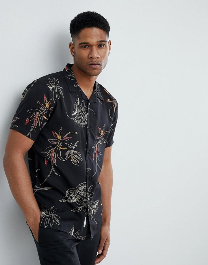 Bellfield Short Sleeve Revere Collar Shirt With Leaf Print - Black