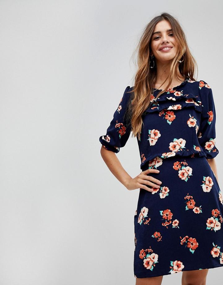 Trollied Dolly Frill Front Floral Shift Dress - Navy