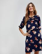 Trollied Dolly Frill Front Floral Shift Dress - Navy