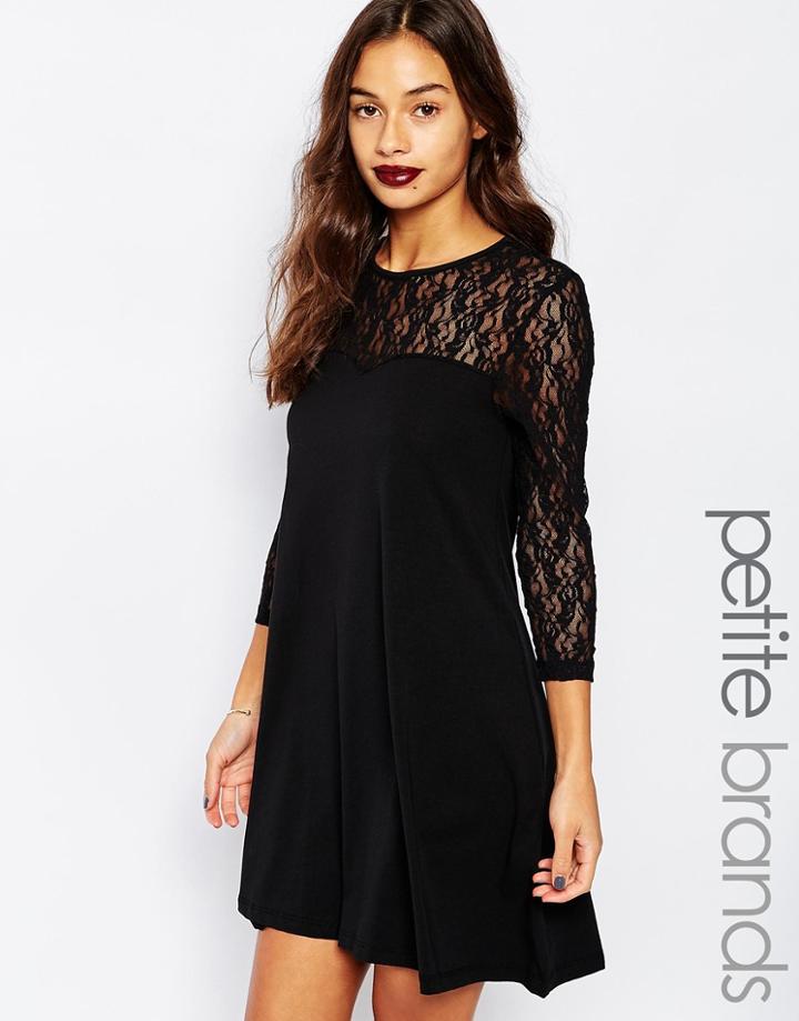Vero Moda Petite Swing Dress With Contrast Lace 3/4 Sleeves - Black