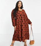 Asos Design Curve Midi Smock Dress With Long Sleeves And Tiered Hem In Brown And Black Spot