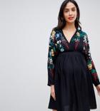 Asos Design Maternity Embroidered Mini Smock Dress-black