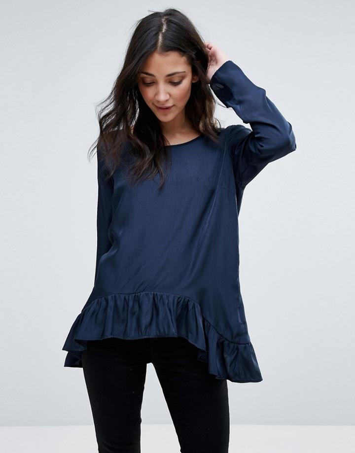 Vila Long Sleeve T- Shirt With Peplum Hem - Blue