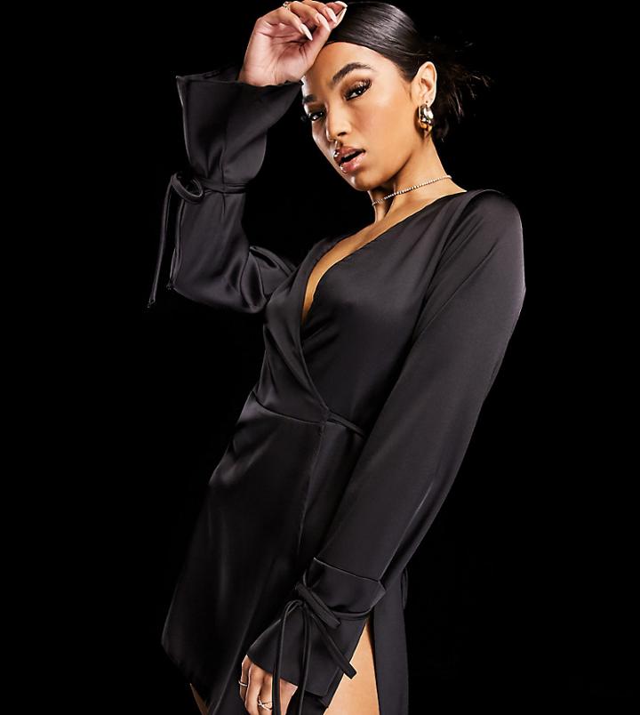 Asyou Wrap Satin Mini Dress In Black