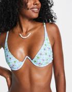 Only Wired Cup Bikini Top In Blue Floral And Gingham