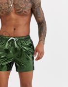 Asos Design Swim Short In Metallic Khaki Fabric With Contrast Drawcord Short Length
