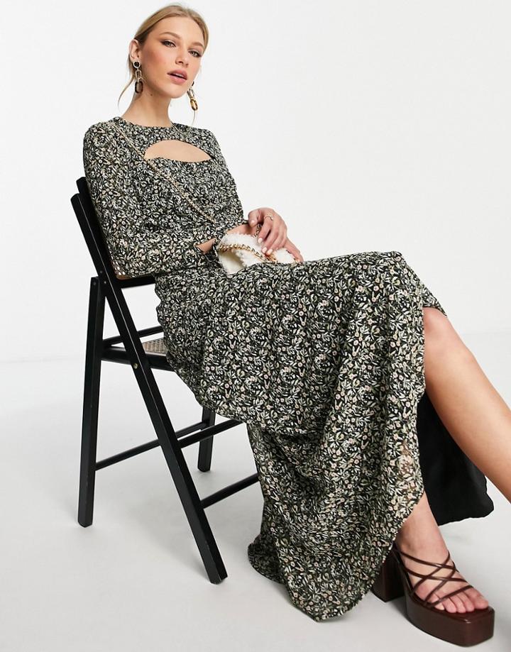 Ghospell Long Sleeve Maxi Dress With Cut Out In Dark Winter Floral-multi