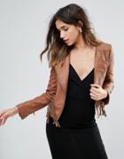 Brave Soul Faux Leather Jacket With Fringe Detail - Brown