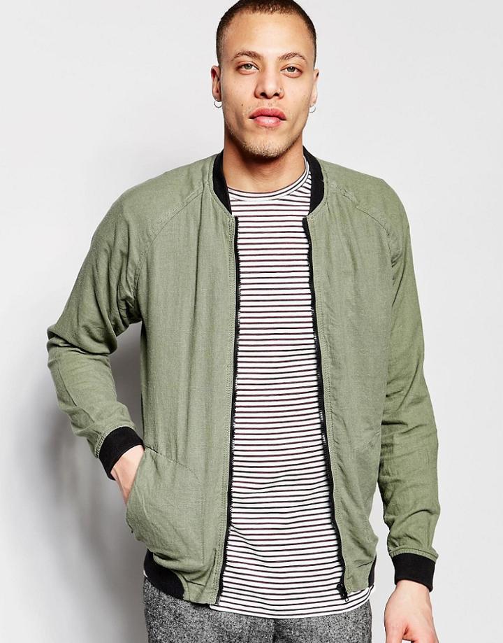 Pull & Bear Linen Bomber Jacket In Khaki - Khaki