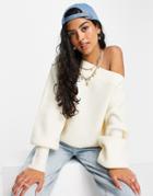 Miss Selfridge Long Sleeve Asymmetric Bardot Sweater In Cream-white