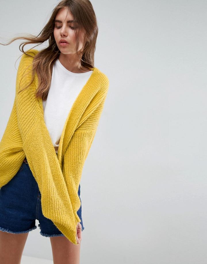 Asos Chunky Cardigan In Fluffy Rib - Yellow
