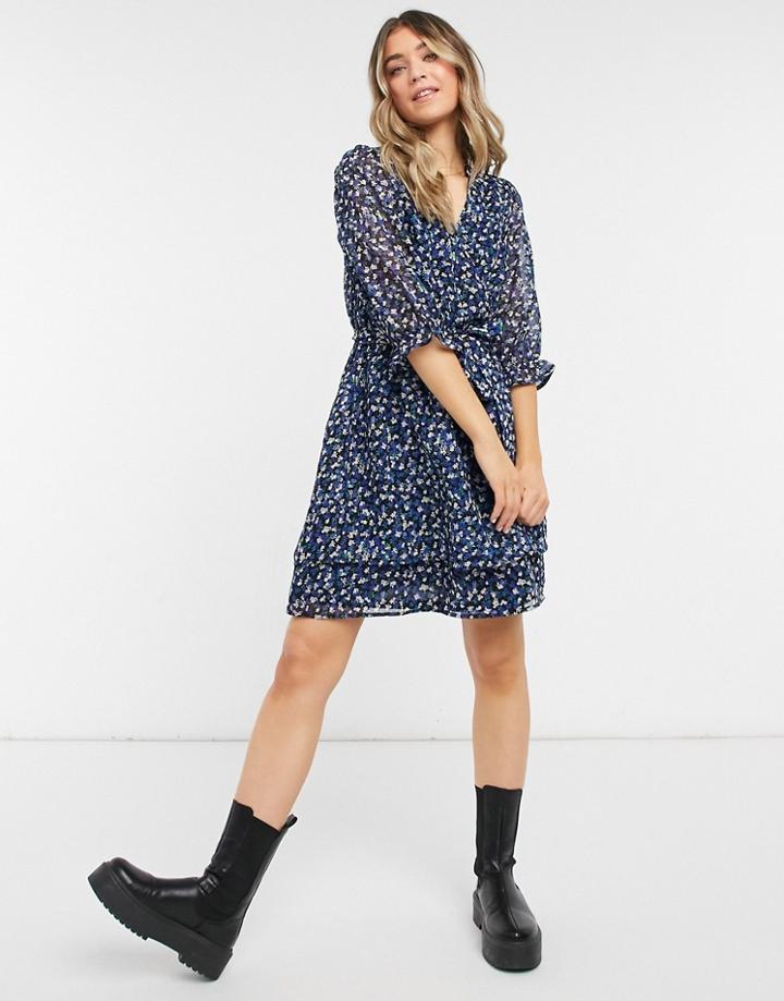 New Look Collared Mini Tea Dress In Blue Floral-blues