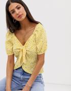 River Island Tie Front Blouse With Puff Sleeves In Ditsy Floral - Yellow