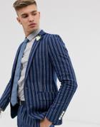Gianni Feraud Skinny Fit Linen Blend Stripe Suit Jacket - Blue