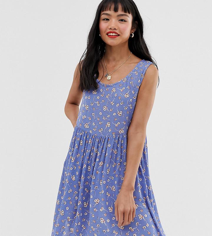 Brave Soul Petite Freya Smock Dress With Delicate Floral Print - Blue