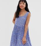 Brave Soul Petite Freya Smock Dress With Delicate Floral Print - Blue