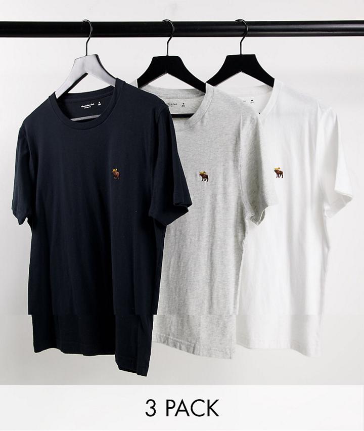 Abercrombie & Fitch 3 Pack T-shirts In Gray, White And Black With Multi Logo