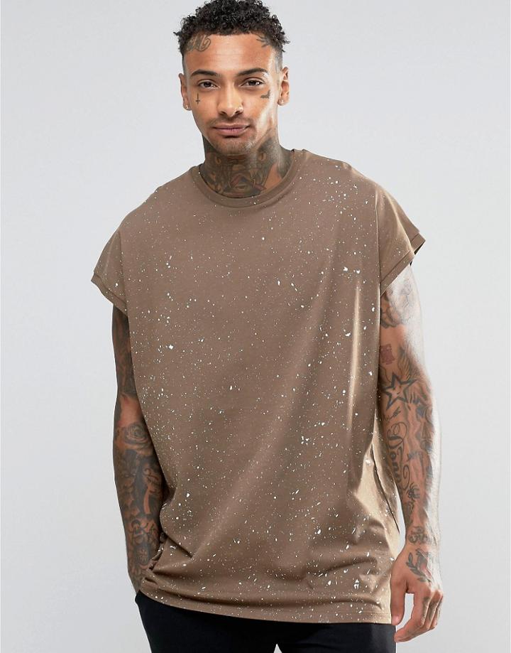 Asos Super Oversized T-shirt With Splatter Print In Brown - Coco Brown