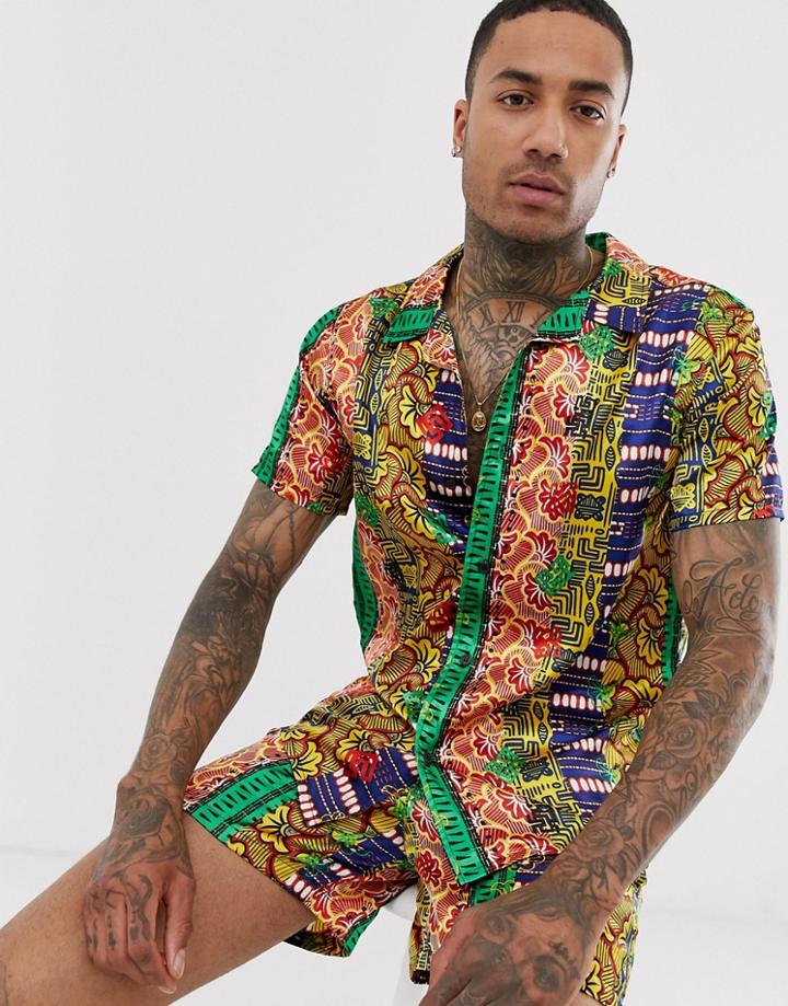 Urban Threads Satin Revere Collar Shirt In Multi Print