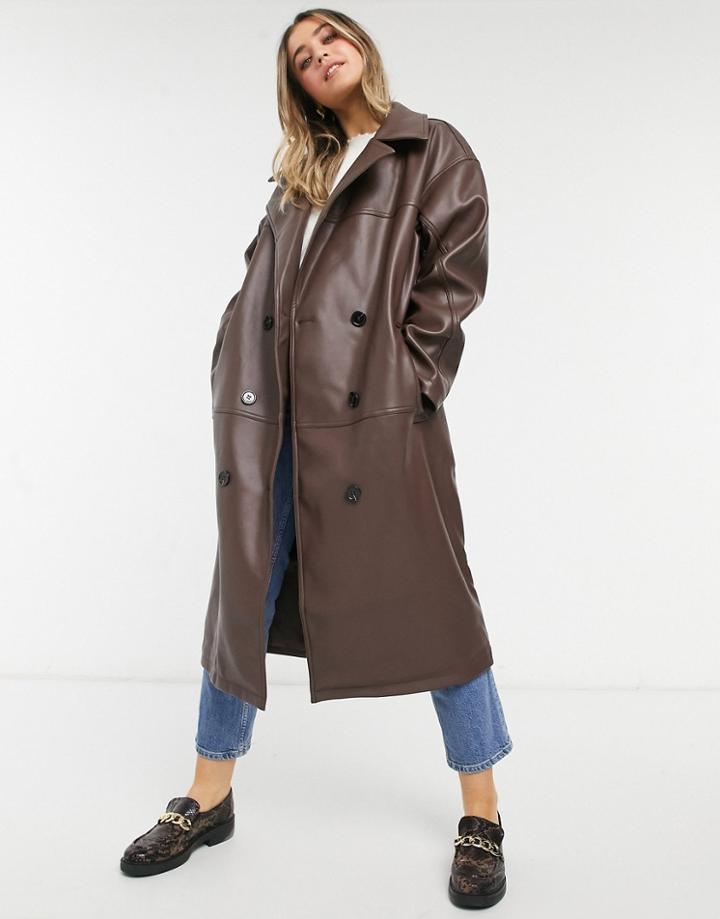 Asos Design Leather Look Oversized Coat In Brown