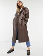 Asos Design Leather Look Oversized Coat In Brown