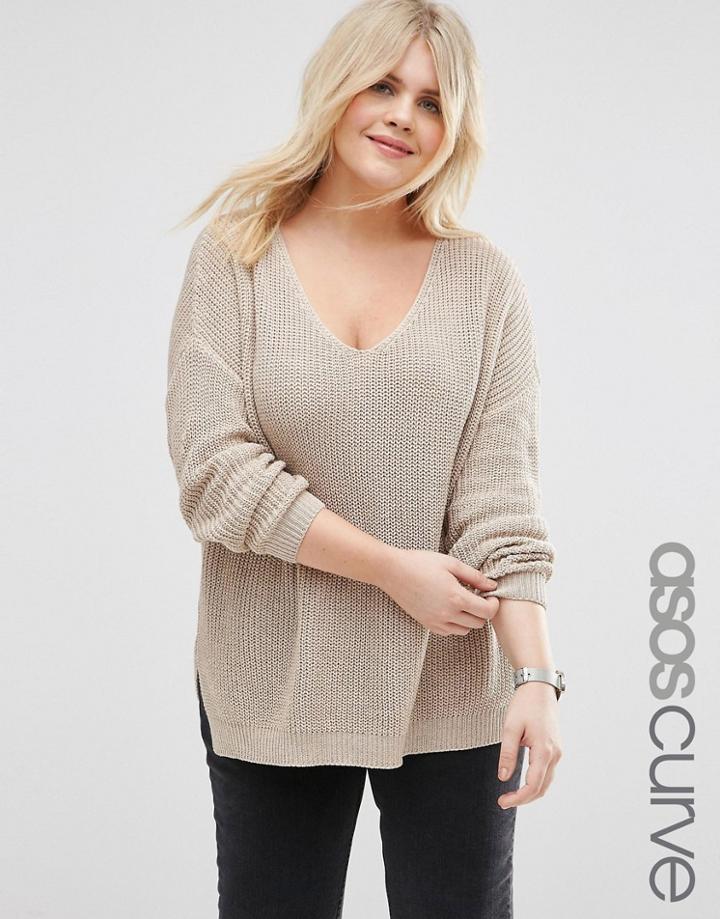 Asos Curve Chunky Sweater With Side Splits And V Neck - Oatmeal