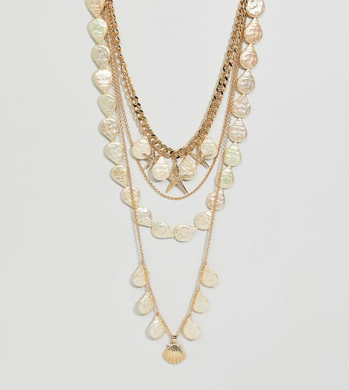 Asos Design Curve Exclusive Multirow Necklace With Shell And Pearl Charms In Gold - Gold