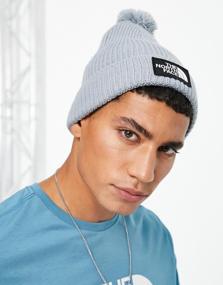 The North Face Logo Box Pom Beanie In Gray-grey