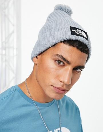The North Face Logo Box Pom Beanie In Gray-grey