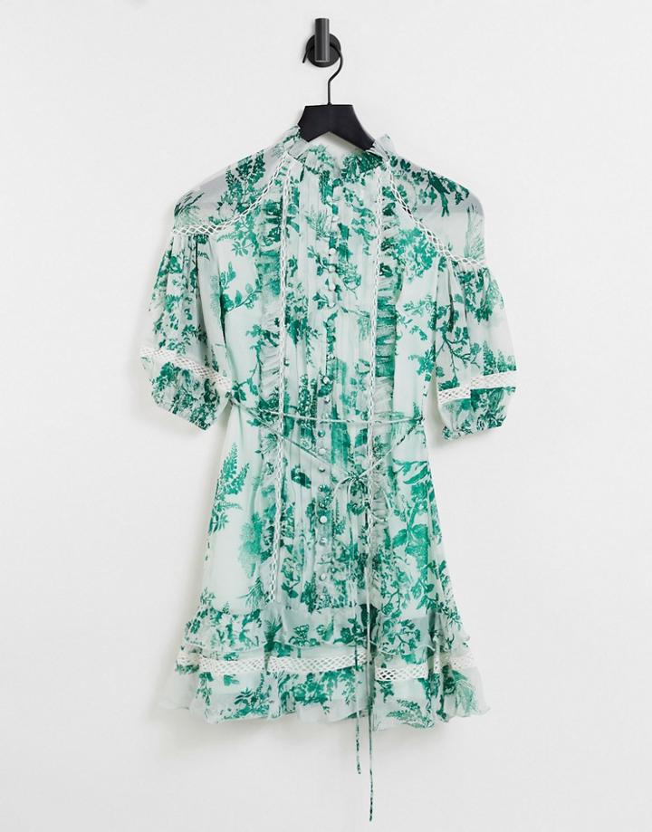 Asos Design Tie Neck Mini Dress With Puff Sleeve And Button Front Detail In Floral Print-pink