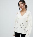 Asos Tall Sweater With V-neck And Rolled Edges - Cream