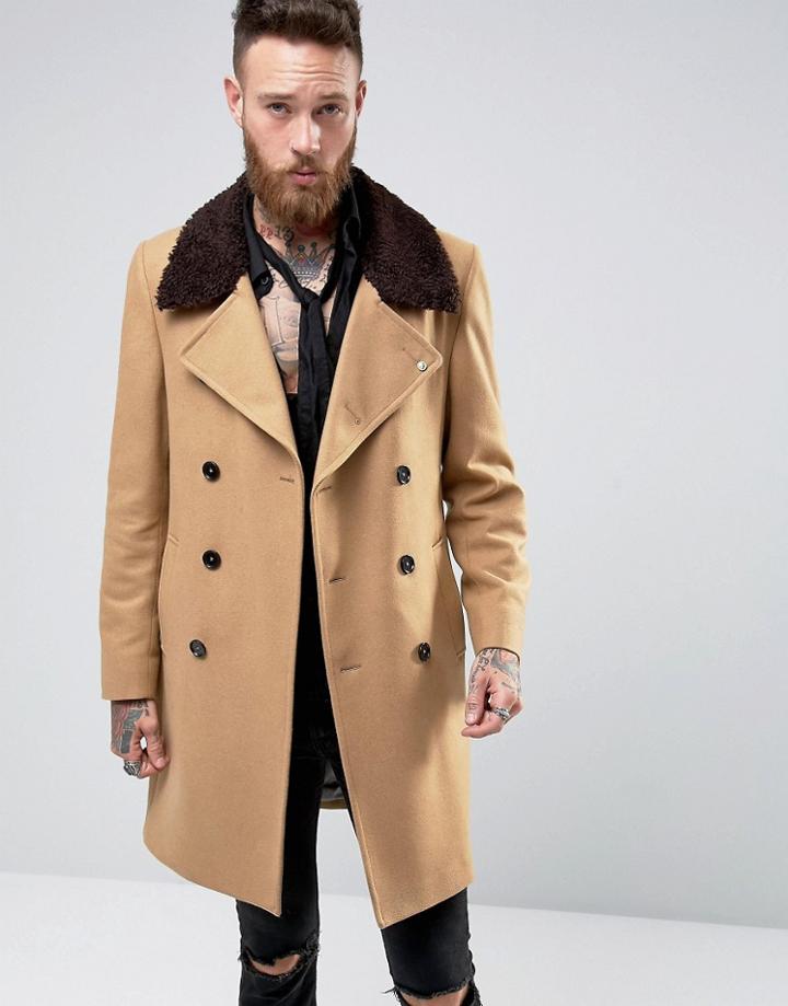 Noose & Monkey Double Breasted Overcoat With Fleece Collar - Tan