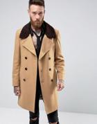 Noose & Monkey Double Breasted Overcoat With Fleece Collar - Tan