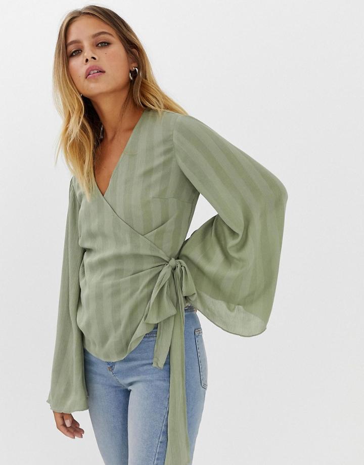 Asos Design Wrap Long Sleeve Top In Crinkle - White
